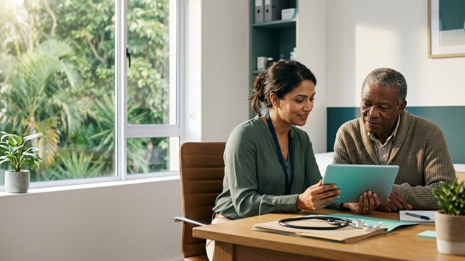 A GP and her patient look at his record together on a tablet